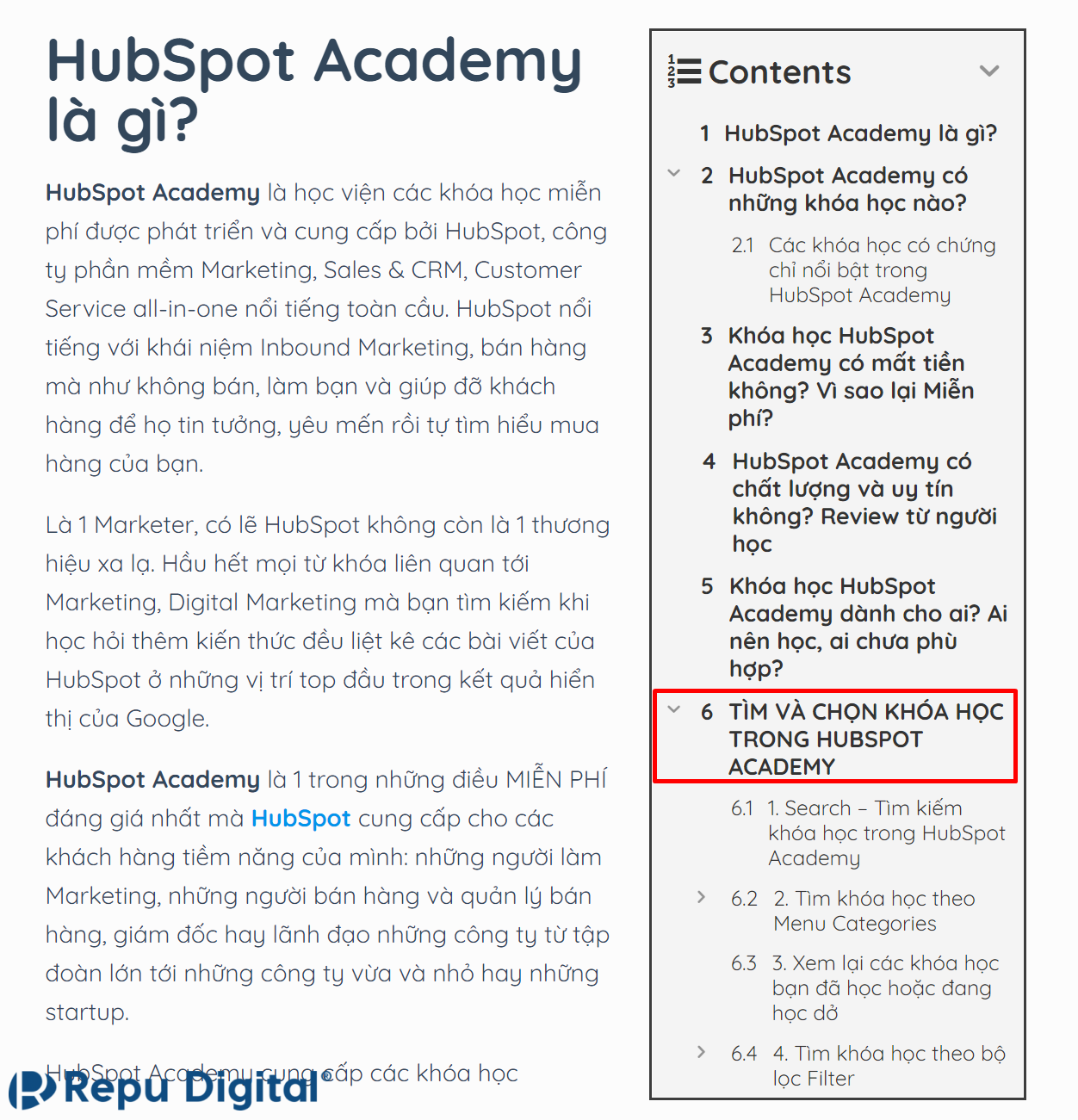 Mục tìm khóa học trong bài HubSpot Academy là gì
