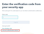 Cách gõ xác thực 2 yếu tố trong HubSpot: Chọn "Lost your authentication device?" để HubSpot gửi mã code về email