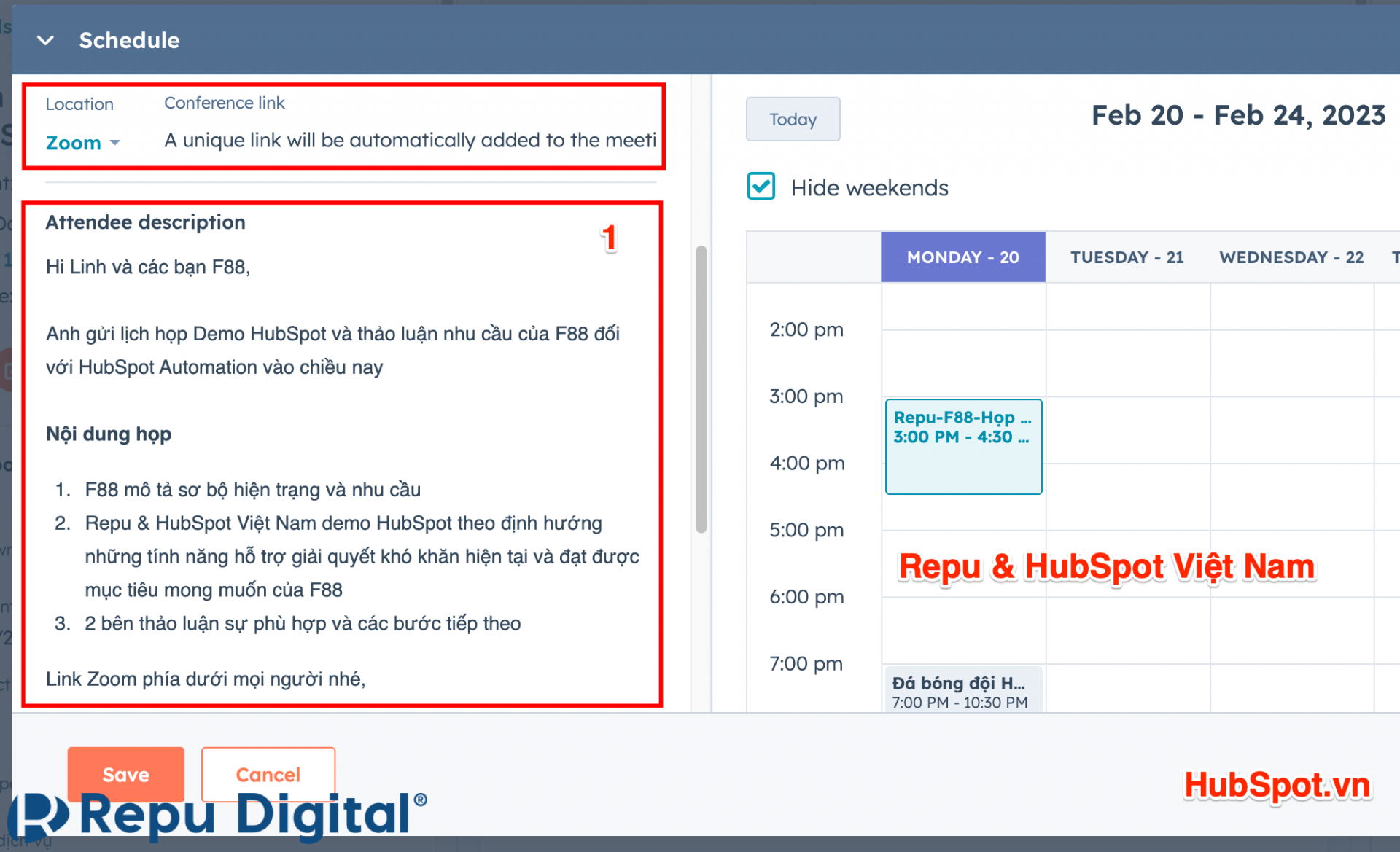 Hướng dẫn tạo lịch họp trong HubSpot Meeting - Nhập nội dung mời họp (tương tự email mời họp)