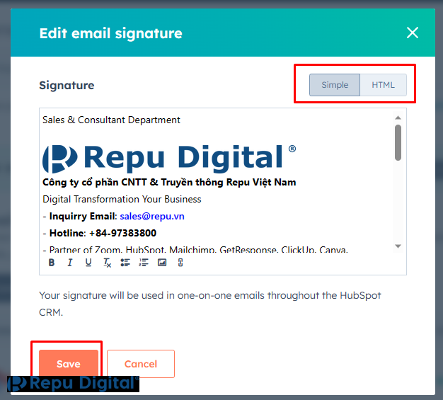 Thiết lập chữ ký Email Signature trong HubSpot cho Personal Email-01. Thiết lập chữ ký Email cá nhân