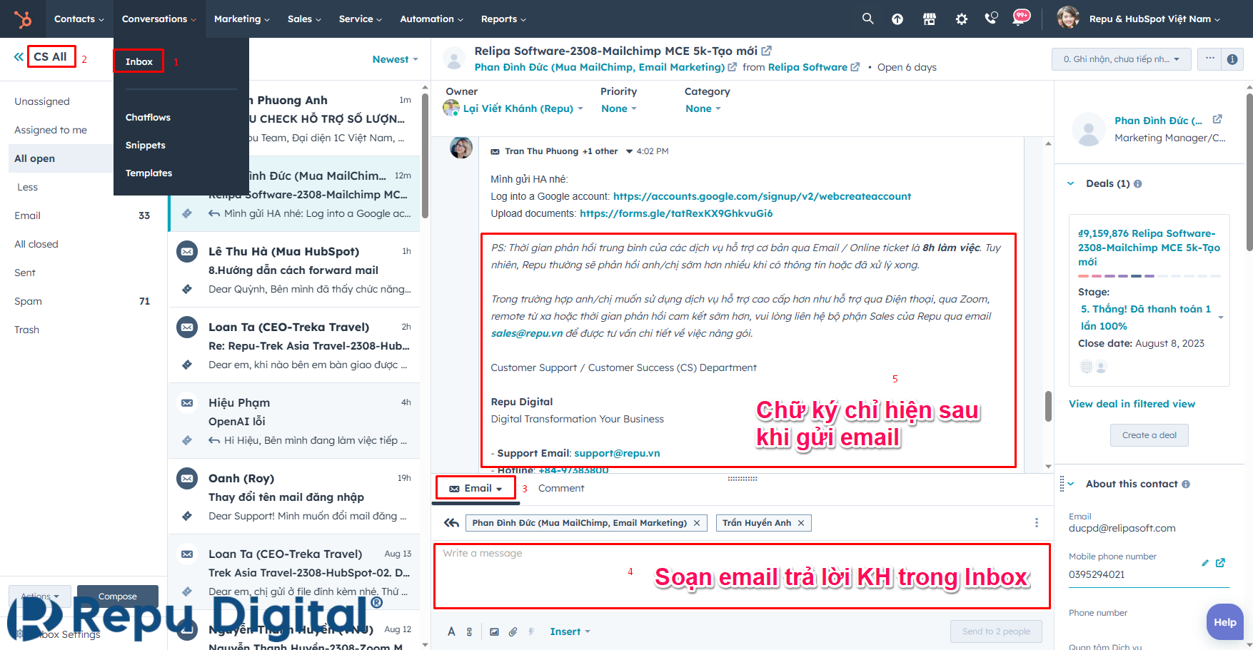 Gửi email qua Inbox để check xem thiết lập chữ ký cho team email đã OK chưa